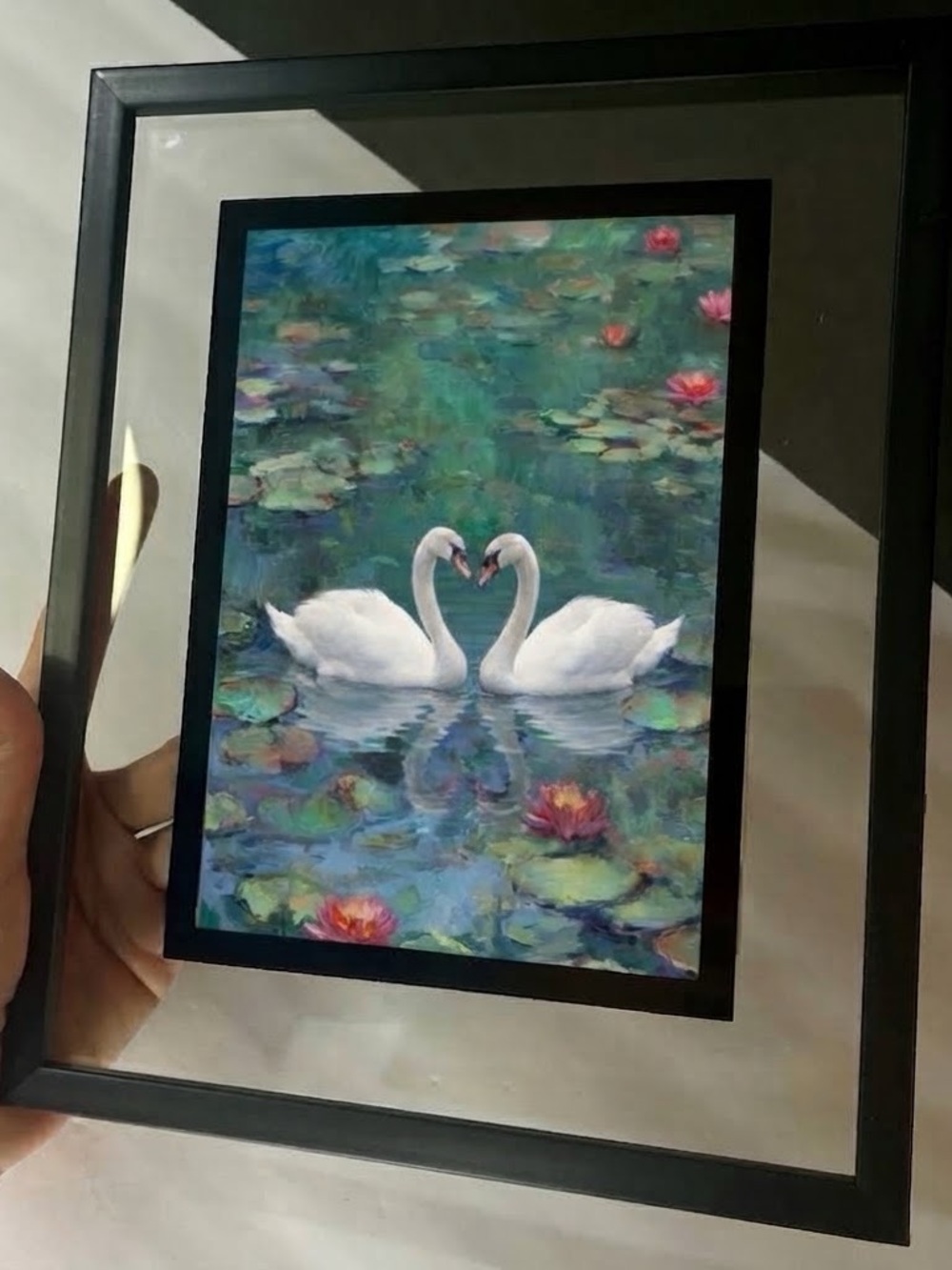 White Swan Pair Art Print in Black Frame - Home Art money inspired
